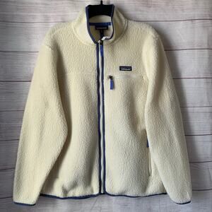 Patagonia Women's Retro Pile Fleece Jacket Natural with Blue Trim Size XL